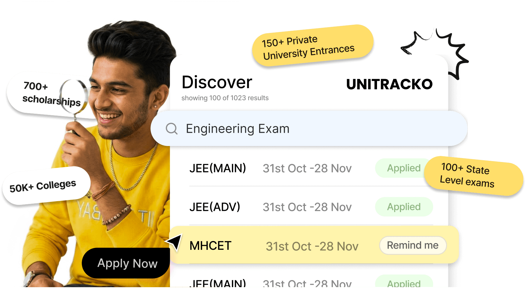 Exam discovery: a search for “Engineering Exam” listing JEE Main, JEE Advanced and MHCET with their windows and status, across 150+ private university entrances, 100+ state-level exams, 40K+ colleges and 700+ scholarships.