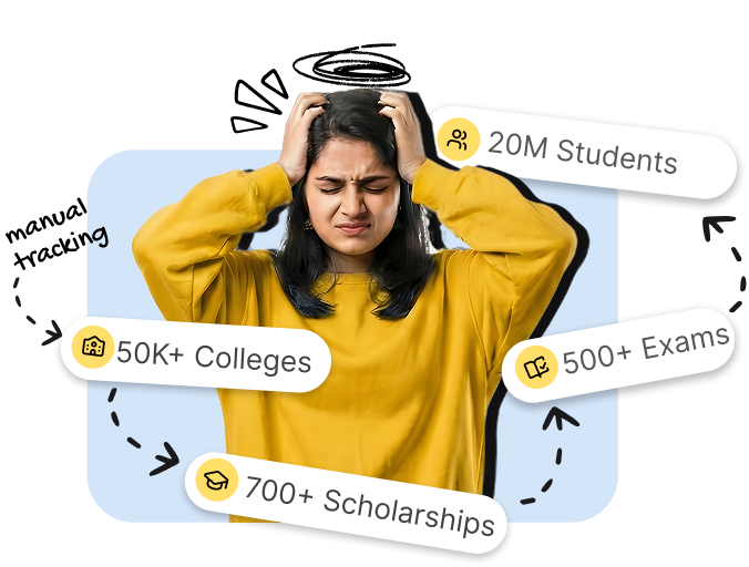 A student overwhelmed by manual tracking across 40K+ colleges, 400+ exams, 100+ scholarships and 20M students.